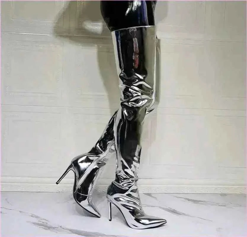 Shiny Silver Metallic Stiletto Patent Thigh High Unisex Boots - Pleasures and Sins