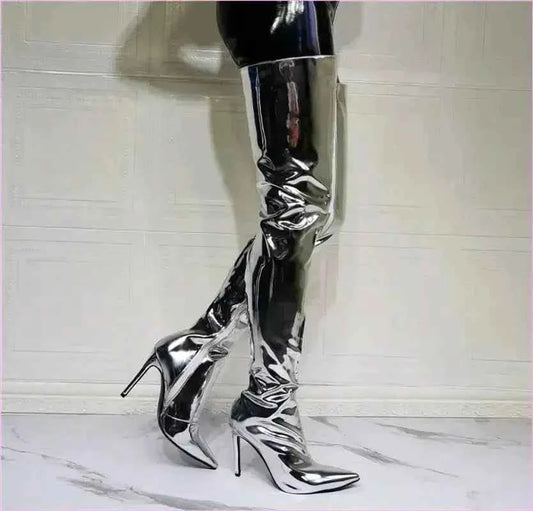 Shiny Silver Metallic Stiletto Patent Thigh High Unisex Boots - Pleasures and Sins