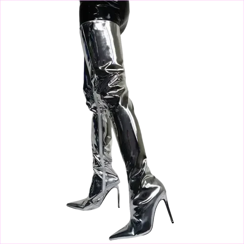 Shiny Silver Metallic Stiletto Patent Thigh High Unisex Boots - Pleasures and Sins