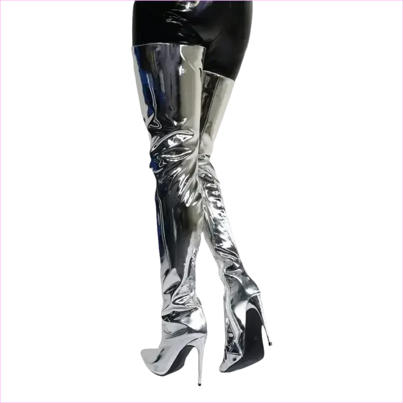 Shiny Silver Metallic Stiletto Patent Thigh High Unisex Boots - Pleasures and Sins