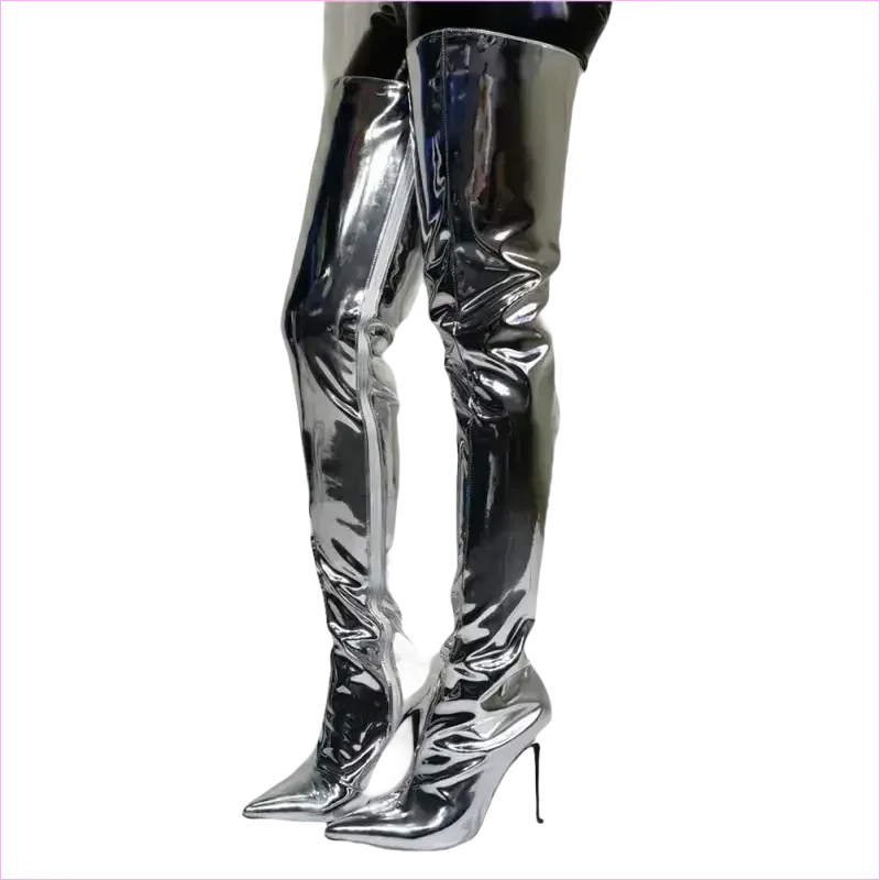 Shiny Silver Metallic Stiletto Patent Thigh High Unisex Boots - Pleasures and Sins