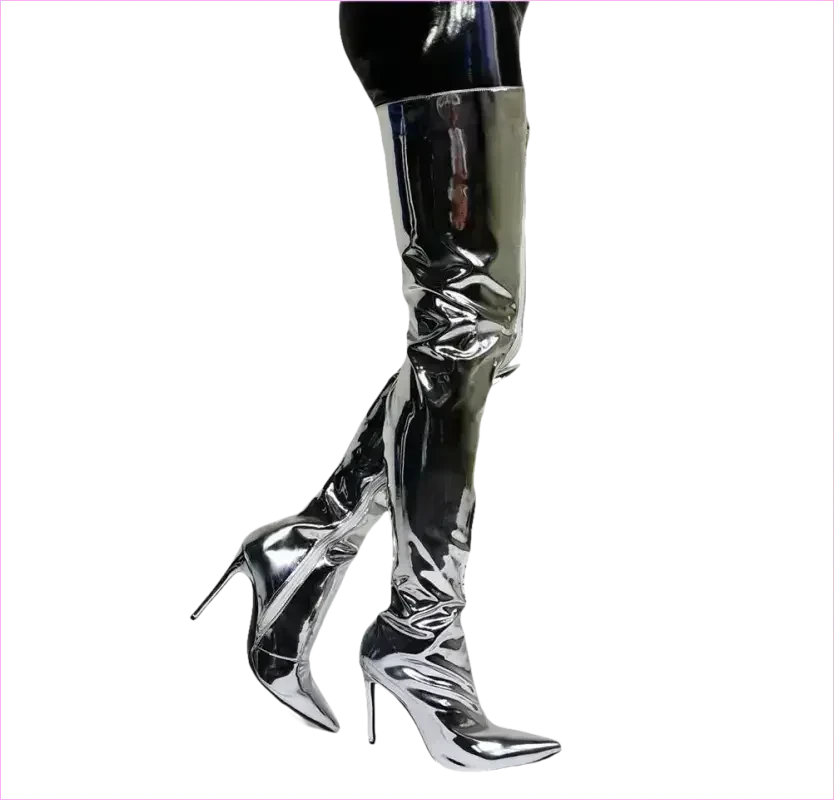 Shiny Silver Metallic Stiletto Patent Thigh High Unisex Boots - Pleasures and Sins
