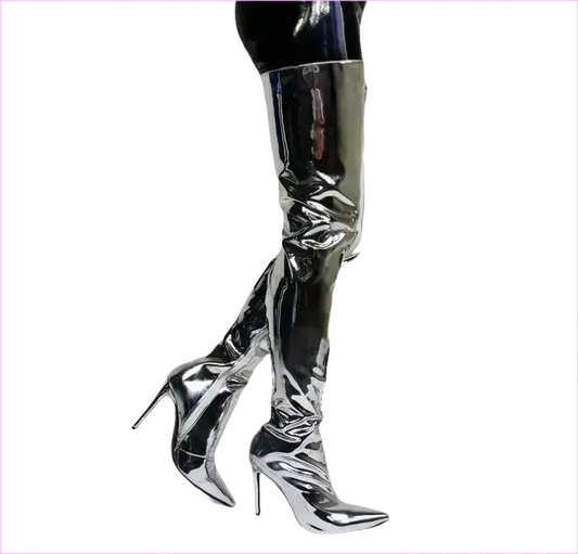 Shiny Silver Metallic Stiletto Patent Thigh High Unisex Boots - Pleasures and Sins