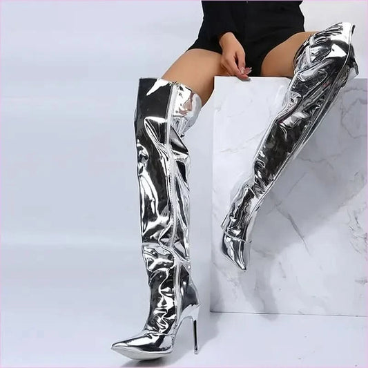 Shiny Silver Mirror Knee Long Boots with Pointy Toe Heels - Pleasures and Sins