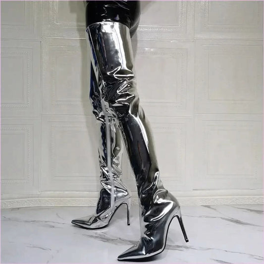 Shiny Silver Thigh High Unisex Boots with Pointed Toe and Stiletto Heel - Pleasures and Sins