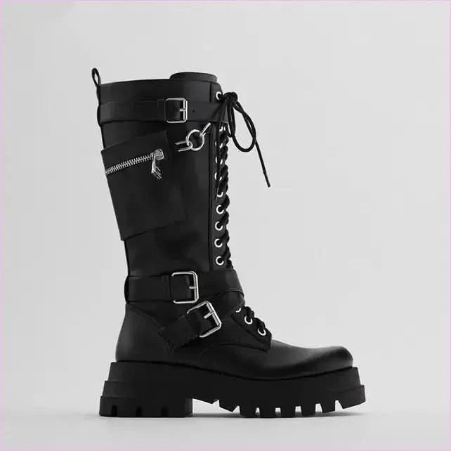Silver Chain Women’s Knee High Motorcycle Boots with Chunky Sole - Pleasures and Sins