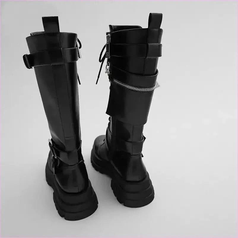 Silver Chain Women’s Knee High Motorcycle Boots with Chunky Sole - Pleasures and Sins