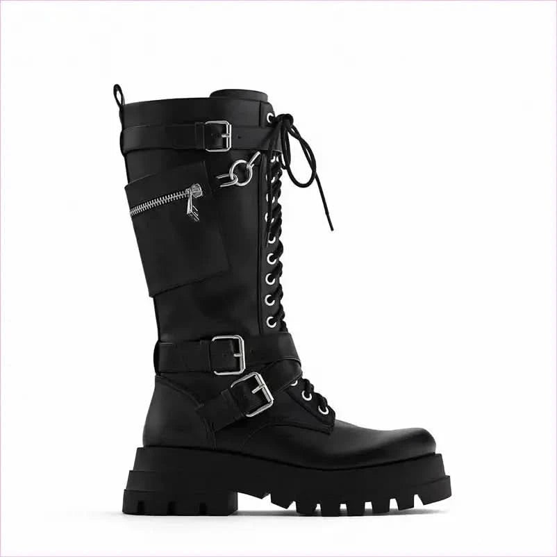 Silver Chain Women’s Knee High Motorcycle Boots with Chunky Sole - Pleasures and Sins