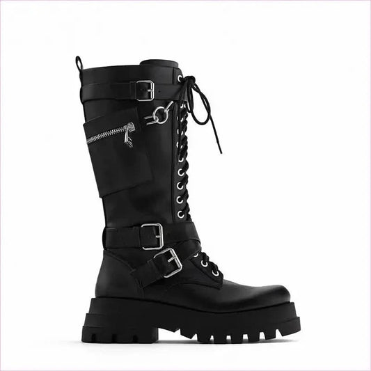 Silver Chain Women’s Knee High Motorcycle Boots with Chunky Sole - Pleasures and Sins