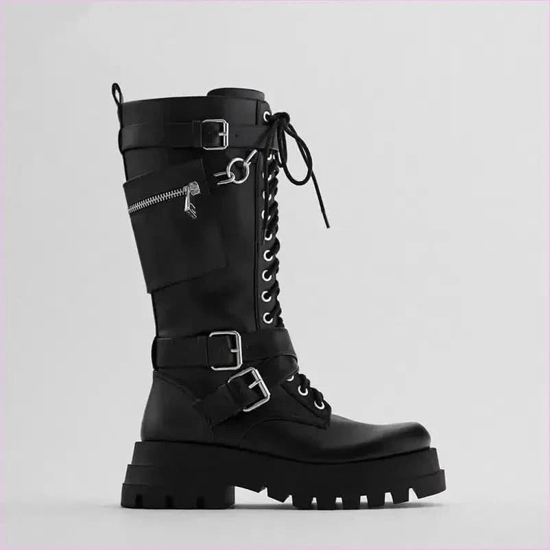 Silver Chain Women’s Knee High Motorcycle Boots with Chunky Sole - Pleasures and Sins