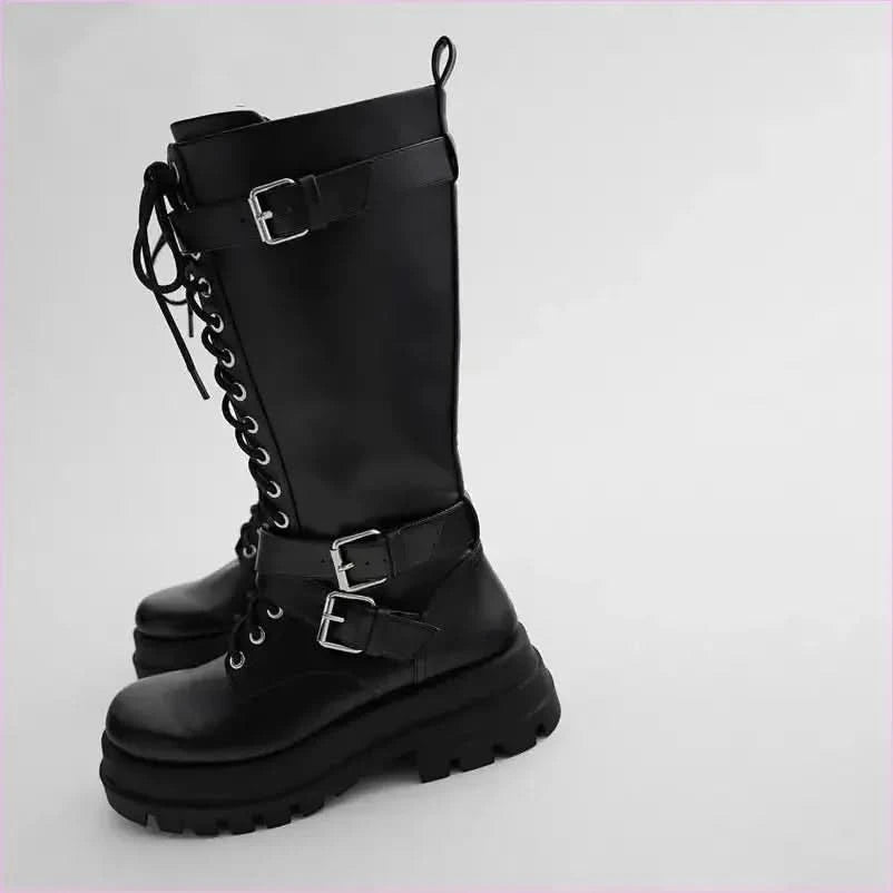 Silver Chain Women’s Knee High Motorcycle Boots with Chunky Sole - Pleasures and Sins