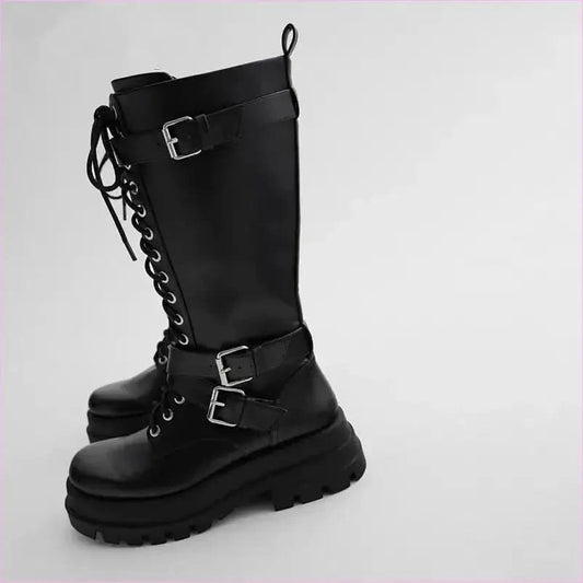 Silver Chain Women’s Knee High Motorcycle Boots with Chunky Sole - Pleasures and Sins
