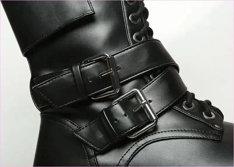 Silver Chain Women’s Knee High Motorcycle Boots with Chunky Sole - Pleasures and Sins