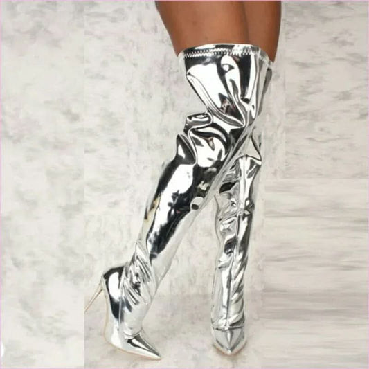 Silver Pointed Toe Thigh High Heel Boots with Metallic Silver Stiletto Heel - Pleasures and Sins