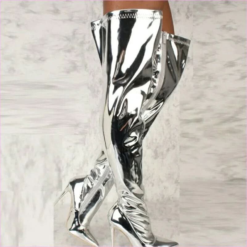 Silver Pointed Toe Thigh High Heel Boots with Metallic Silver Stiletto Heel - Pleasures and Sins