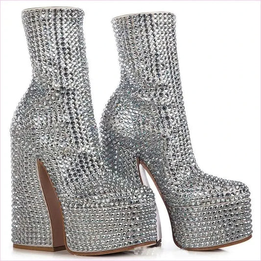 Silver Rhinestone Ankle Boots with Platform Heel Chunky Wedge - Pleasures and Sins