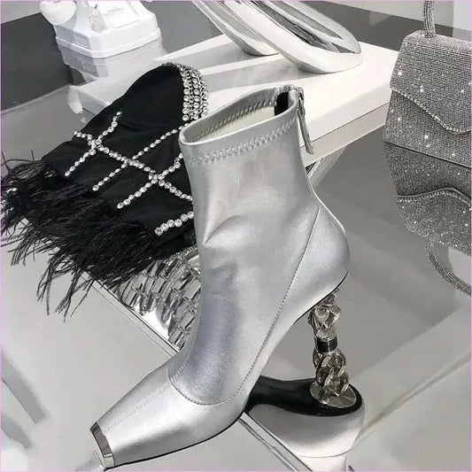Silver Versatile Womens Boots with Unique Metal Heel and Square Toe - Pleasures and Sins