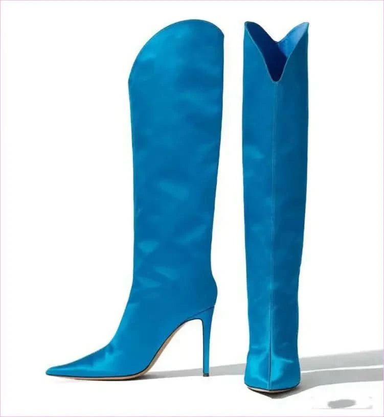 Sleek High Heel Luxury Pointed Toe Satin Over-the-knee Boots - Pleasures and Sins