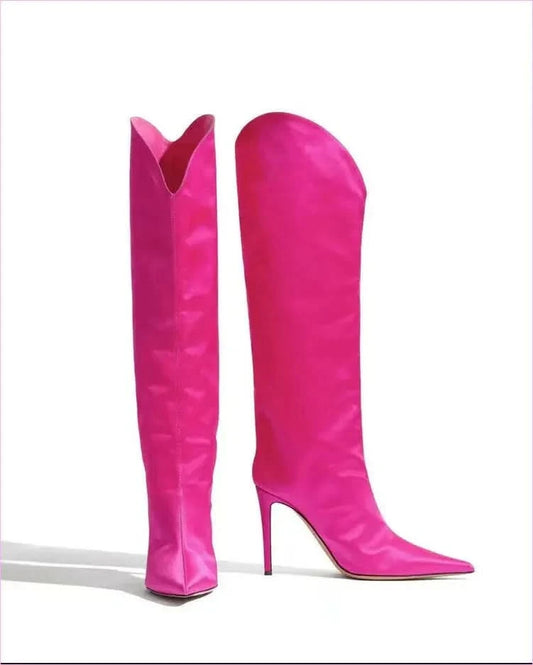 Sleek High Heel Luxury Pointed Toe Satin Over-the-knee Boots - Pleasures and Sins