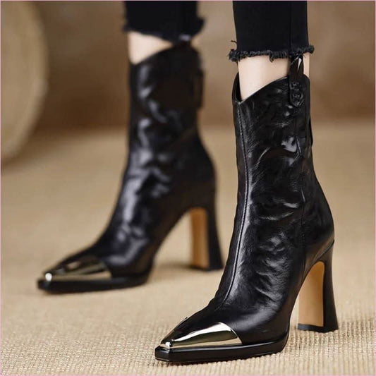 Sleek Metal Covered Pointed-toe Retro Mid-calf Boots for Stylish Vibes - Pleasures and Sins