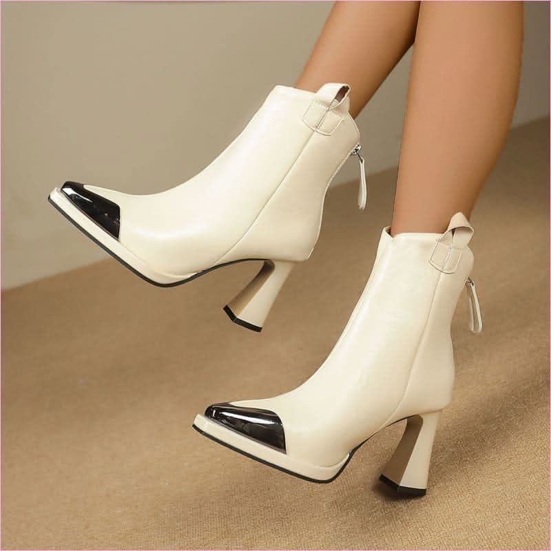 Sleek Metal Covered Pointed-toe Retro Mid-calf Boots for Stylish Vibes - Pleasures and Sins