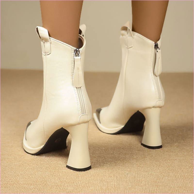 Sleek Metal Covered Pointed-toe Retro Mid-calf Boots for Stylish Vibes - Pleasures and Sins
