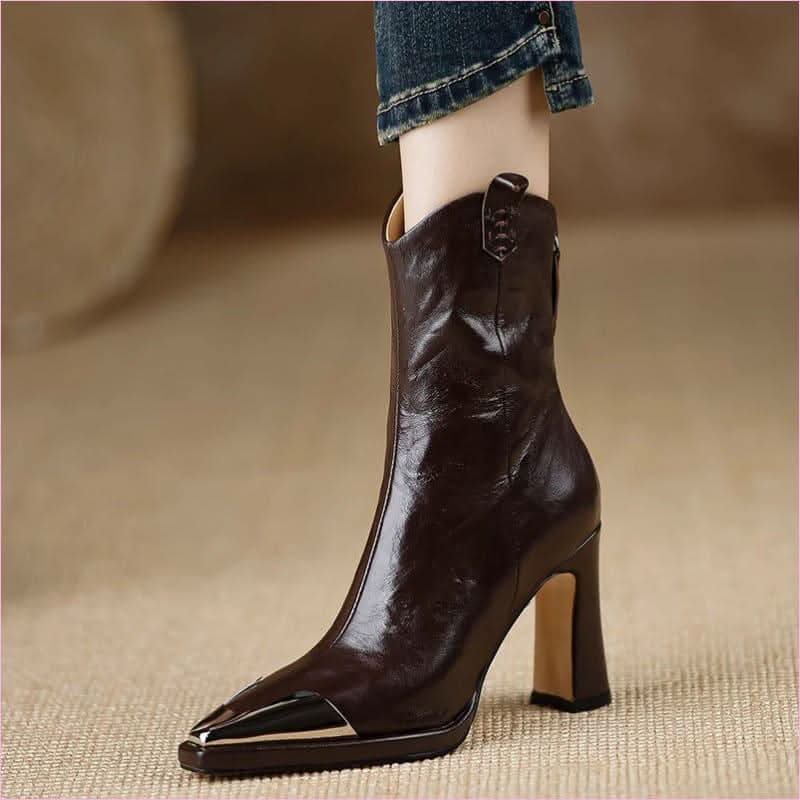 Sleek Metal Covered Pointed-toe Retro Mid-calf Boots for Stylish Vibes - Pleasures and Sins
