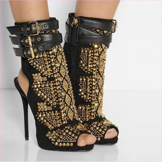 Slingback Fish Mouth High-heel Sandals with Multi-buckle Rhinestones - Pleasures and Sins