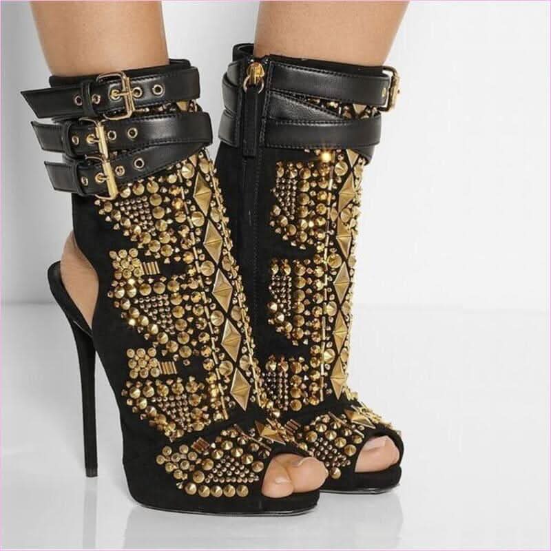 Slingback Fish Mouth High-heel Sandals with Multi-buckle Rhinestones - Pleasures and Sins