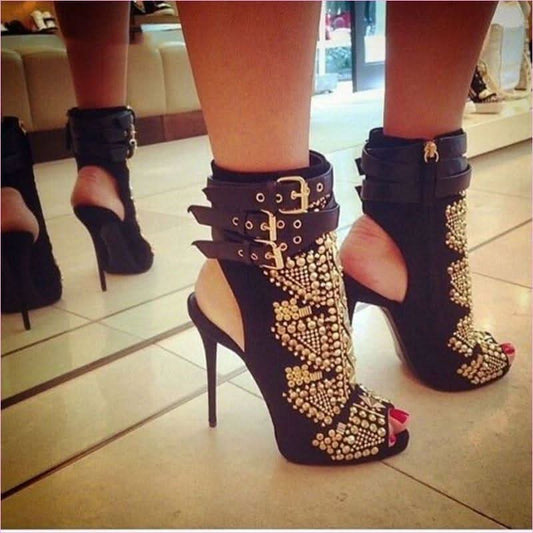 Slingback Fish Mouth High-heel Sandals with Multi-buckle Rhinestones - Pleasures and Sins