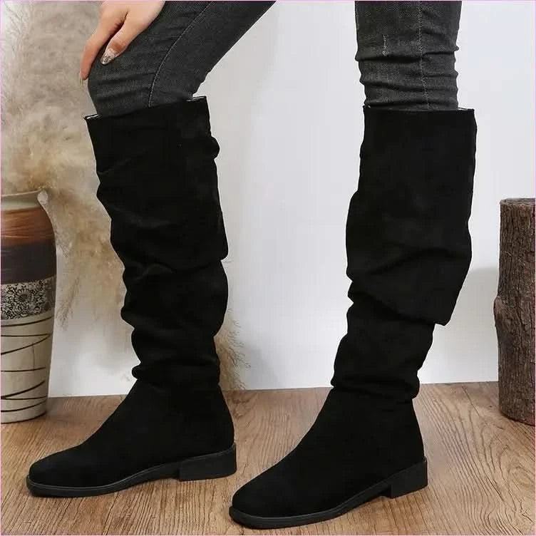 Slouchy Faux Suede Knee High Boots in Beige and Black - Pleasures and Sins