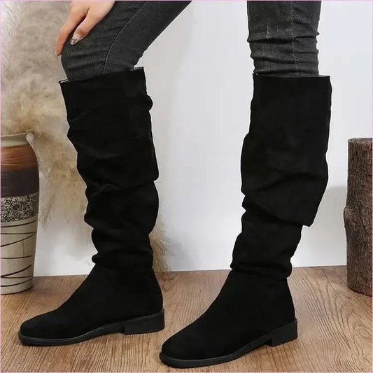 Slouchy Faux Suede Knee High Boots in Beige and Black - Pleasures and Sins