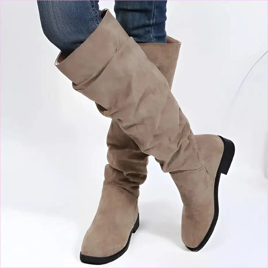 Slouchy Faux Suede Knee High Boots in Beige and Black - Pleasures and Sins
