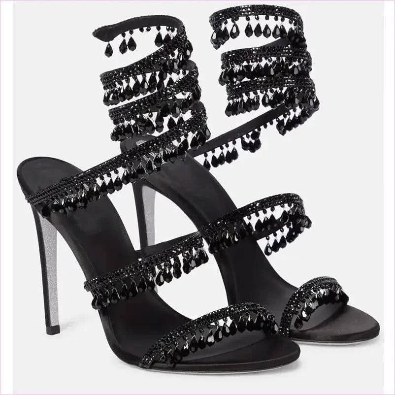 Snake Wrapped Rhinestone Tassel Open Toe High-heeled Sandals - Pleasures and Sins