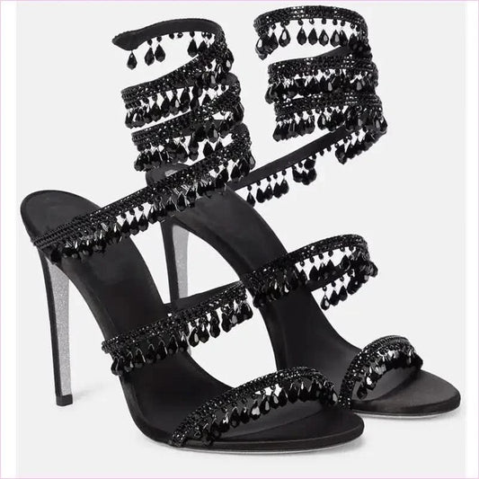 Snake Wrapped Rhinestone Tassel Open Toe High-heeled Sandals - Pleasures and Sins