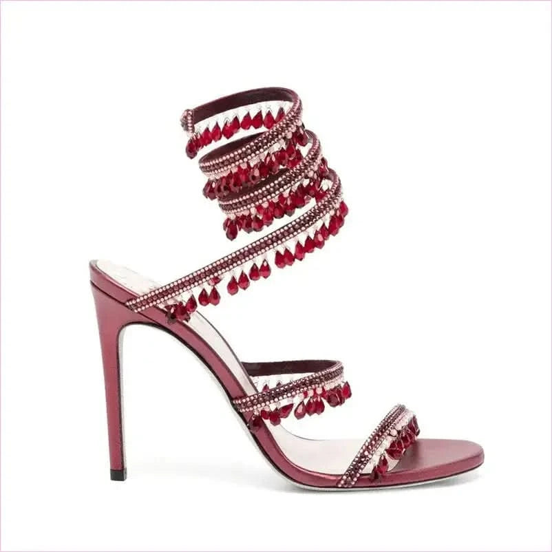 Snake Wrapped Rhinestone Tassel Open Toe High-heeled Sandals - Pleasures and Sins