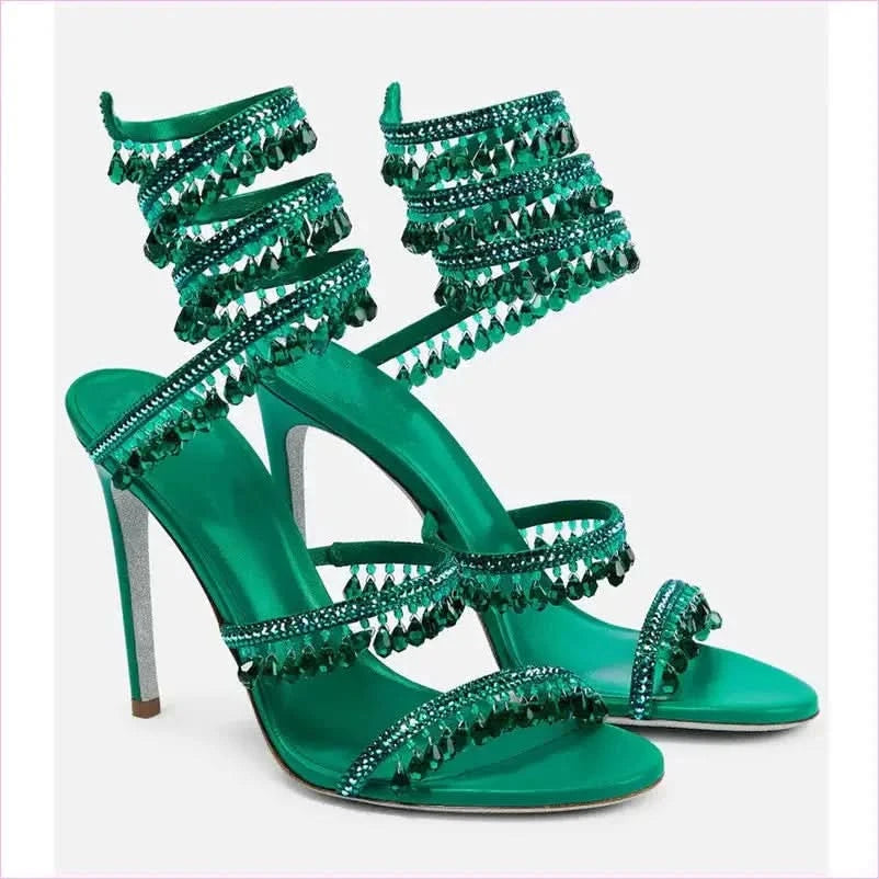 Snake Wrapped Rhinestone Tassel Open Toe High-heeled Sandals - Pleasures and Sins