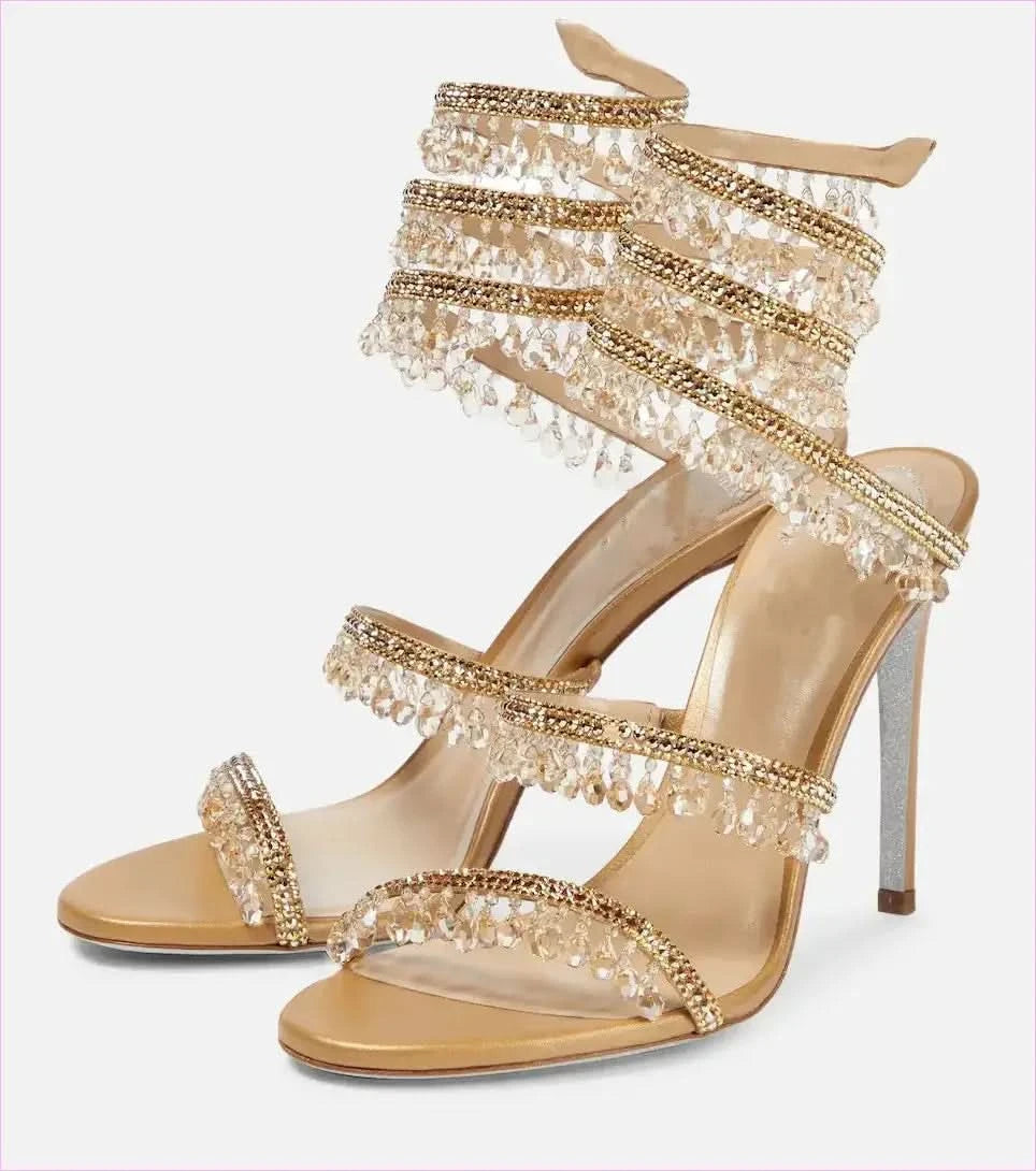 Snake Wrapped Rhinestone Tassel Open Toe High-heeled Sandals - Pleasures and Sins
