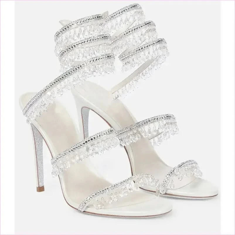 Snake Wrapped Rhinestone Tassel Open Toe High-heeled Sandals - Pleasures and Sins
