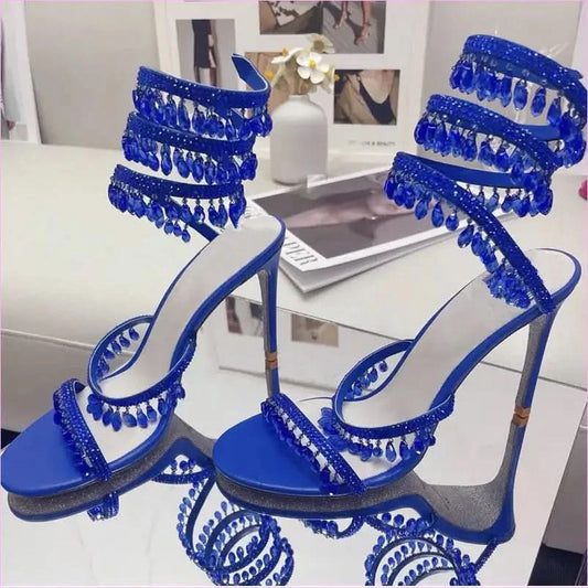 Snake Wrapped Rhinestone Tassel Open Toe High-heeled Sandals - Pleasures and Sins