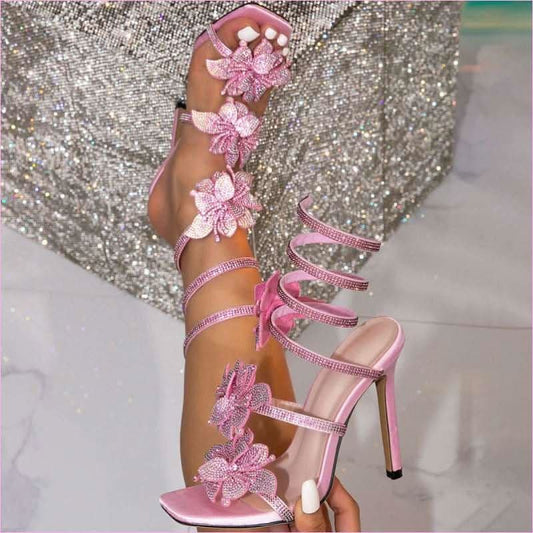 Snakelike Winding Open Toe Rhinestone Bow Stiletto Sandals - Pleasures and Sins