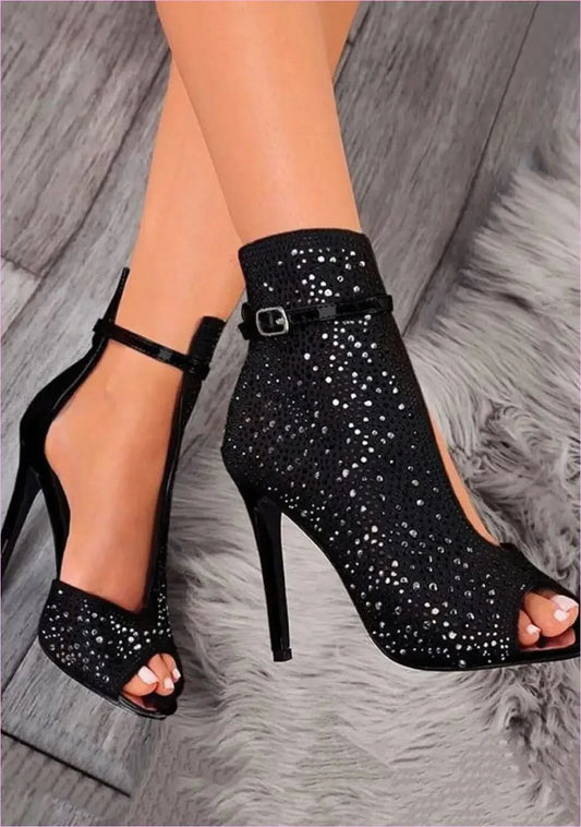 Sparkly Black Peep-toe Rhinestone High Heel Ankle Boots - Pleasures and Sins