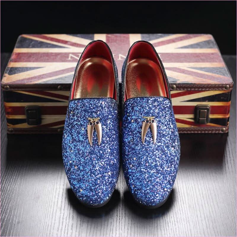 Sparkly Blue Casual Glittered Rhinestone Loafers with Tassels - Pleasures and Sins