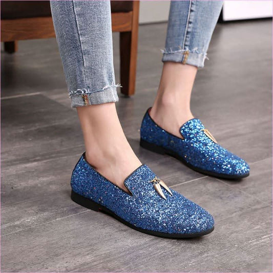 Sparkly Blue Casual Glittered Rhinestone Loafers with Tassels - Pleasures and Sins