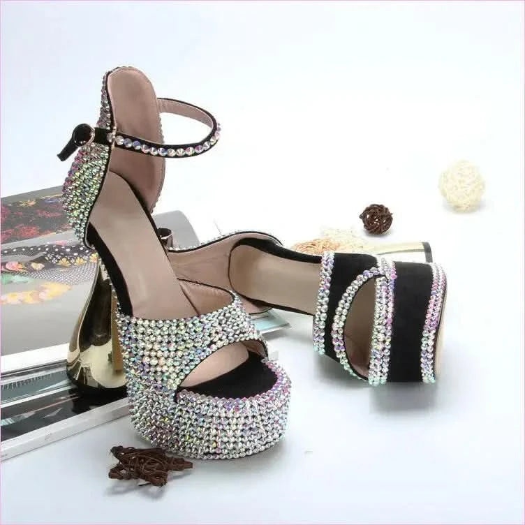 Sparkly High Heel Open Toe Platform Rhinestone Sandals - Pleasures and Sins