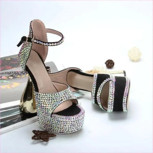 Sparkly High Heel Open Toe Platform Rhinestone Sandals - Pleasures and Sins