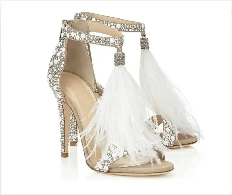 Sparkly Rhinestone Wedding Shoes with Sexy Feather Sandals Flair - Pleasures and Sins