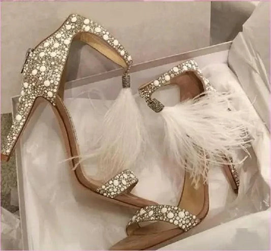 Sparkly Rhinestone Wedding Shoes with Sexy Feather Sandals Flair - Pleasures and Sins