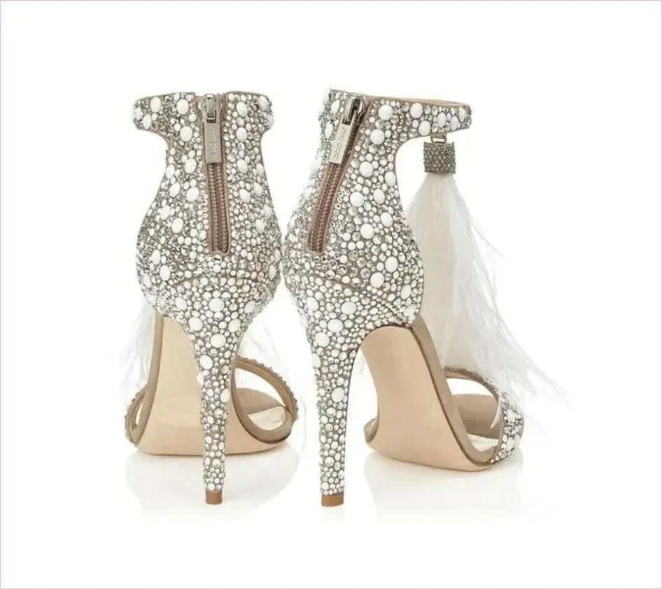 Sparkly Rhinestone Wedding Shoes with Sexy Feather Sandals Flair - Pleasures and Sins