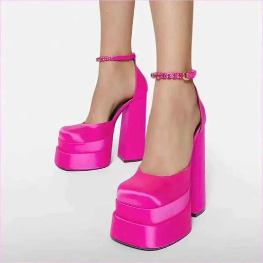 Square Toe Platform Satin Fabric Unisex Rhinestone High Heels - Pleasures and Sins